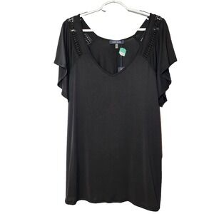 NWT Laila Jayde Black Open Lace Shoulder V Neck Flutter Sleeve Modal Top USA 1X